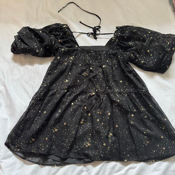 Nasty Gal Metallic Star Print Puff Sleeve Baby Doll Tiered Mini Dress 8 - Picture 3 of 7